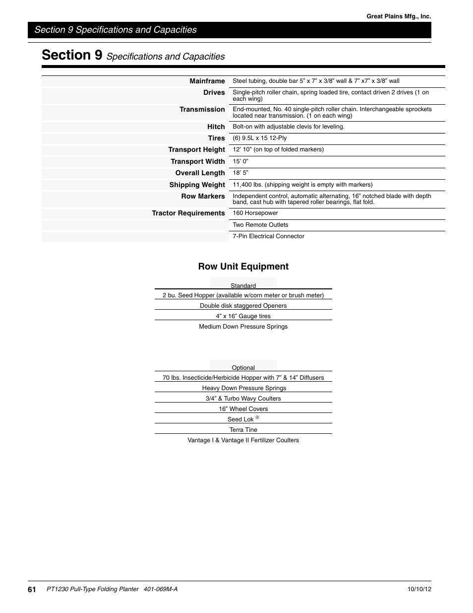 Section 9 specifications and capacities, Specifications and capacities, Row unit equipment | Great Plains PT1230 AA1062 Operator Manual User Manual | Page 63 / 66