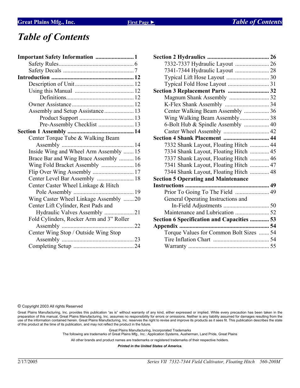 Great Plains 7344 Series VII Field Cultivator-Floating Hitch Operator Manual User Manual | Page 2 / 57