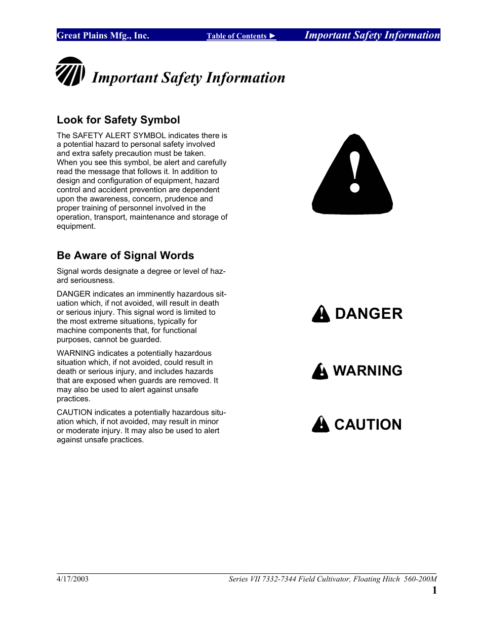 Important safety information, Danger, Caution | Great Plains 7344 Series VII Field Cultivator-Floating Hitch Operator Manual User Manual | Page 3 / 57