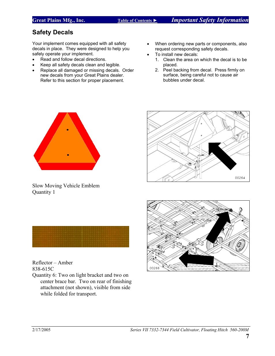 Safety decals, 7, thoroughly, Important safety information | 7safety decals | Great Plains 7344 Series VII Field Cultivator-Floating Hitch Operator Manual User Manual | Page 9 / 57