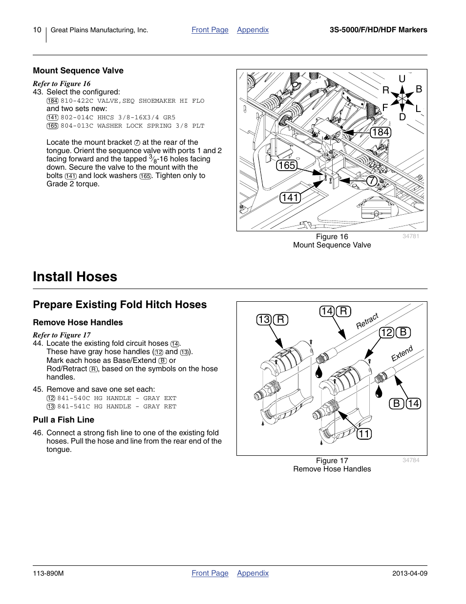 Mount sequence valve, Install hoses, Prepare existing fold hitch hoses | Remove hose handles, Pull a fish line, Rb r b | Great Plains 3S-5000HDF Assembly Instructions User Manual | Page 10 / 24