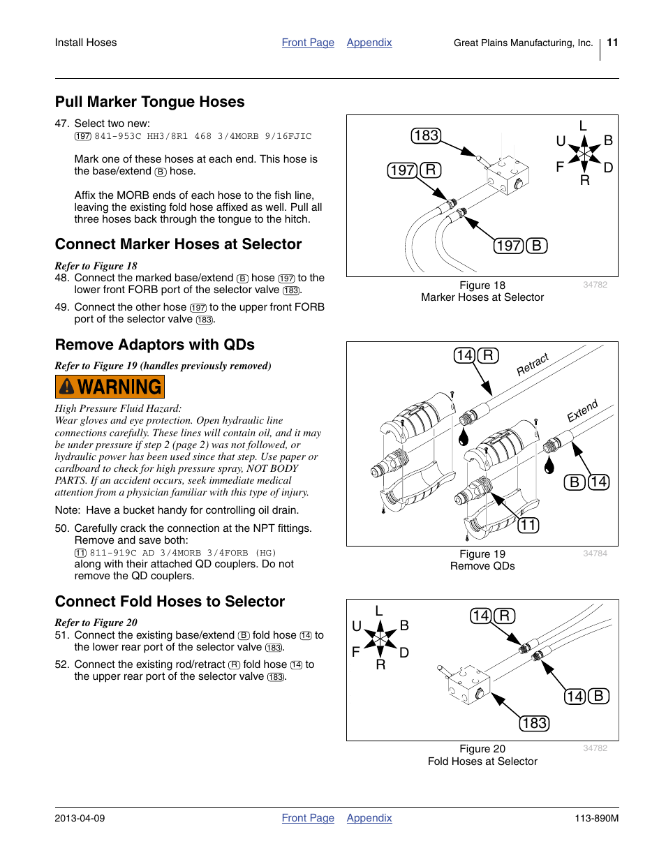 Pull marker tongue hoses, Connect marker hoses at selector, Remove adaptors with qds | Connect fold hoses to selector, Old hoses are connected at step 51, 14 b 14 r | Great Plains 3S-5000HDF Assembly Instructions User Manual | Page 11 / 24