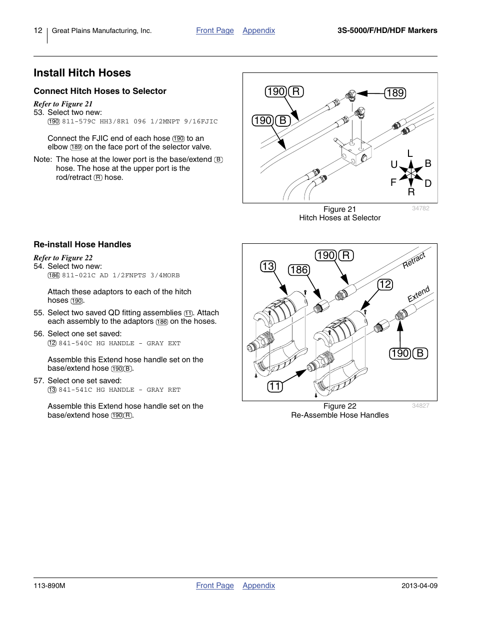 Install hitch hoses, Connect hitch hoses to selector, Re-install hose handles | Great Plains 3S-5000HDF Assembly Instructions User Manual | Page 12 / 24