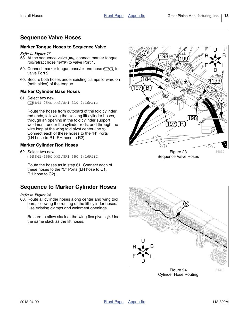 Sequence valve hoses, Marker tongue hoses to sequence valve, Marker cylinder base hoses | Marker cylinder rod hoses, Sequence to marker cylinder hoses | Great Plains 3S-5000HDF Assembly Instructions User Manual | Page 13 / 24