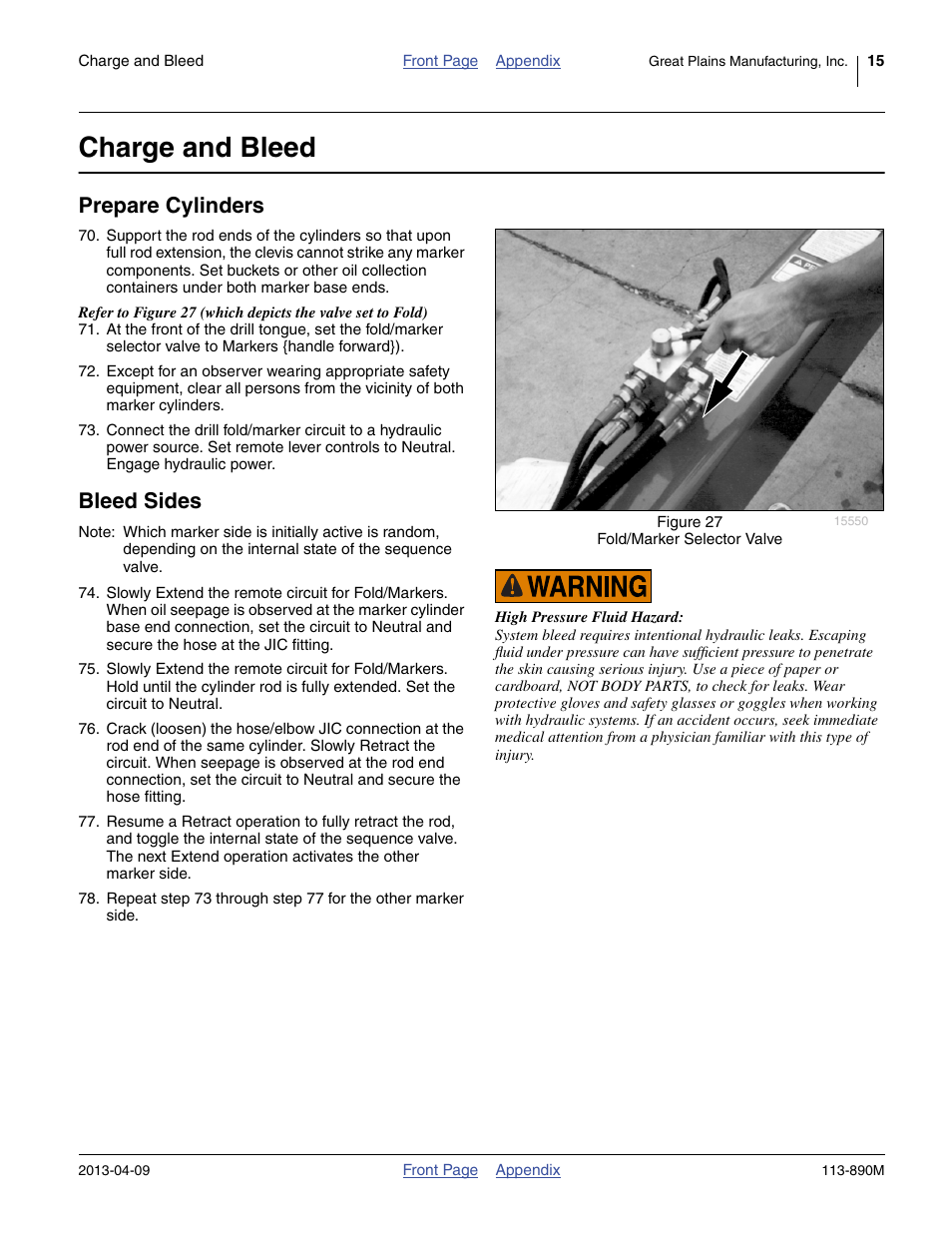 Charge and bleed, Prepare cylinders, Bleed sides | Great Plains 3S-5000HDF Assembly Instructions User Manual | Page 15 / 24