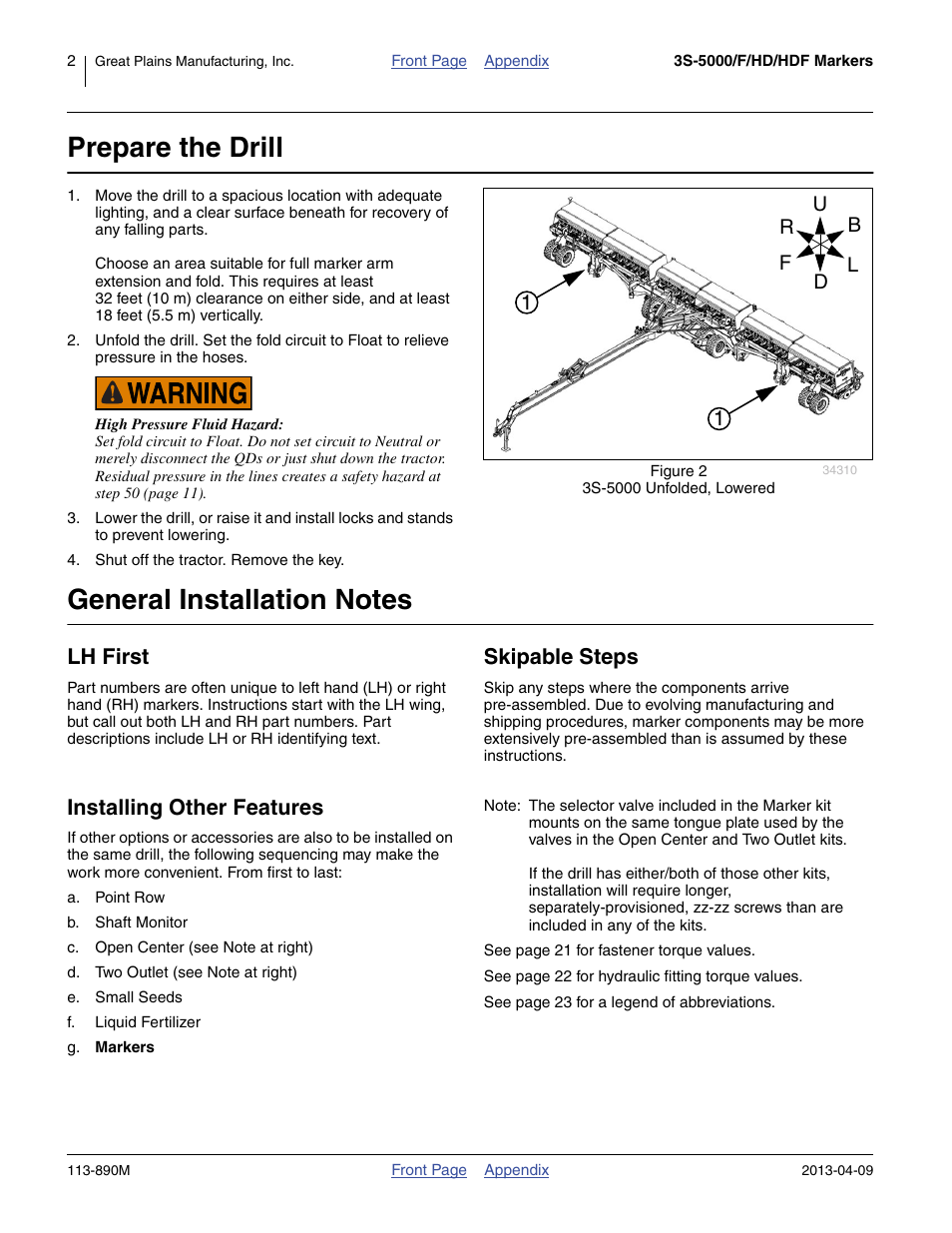 Prepare the drill, General installation notes, Lh first | Skipable steps, Installing other features | Great Plains 3S-5000HDF Assembly Instructions User Manual | Page 2 / 24