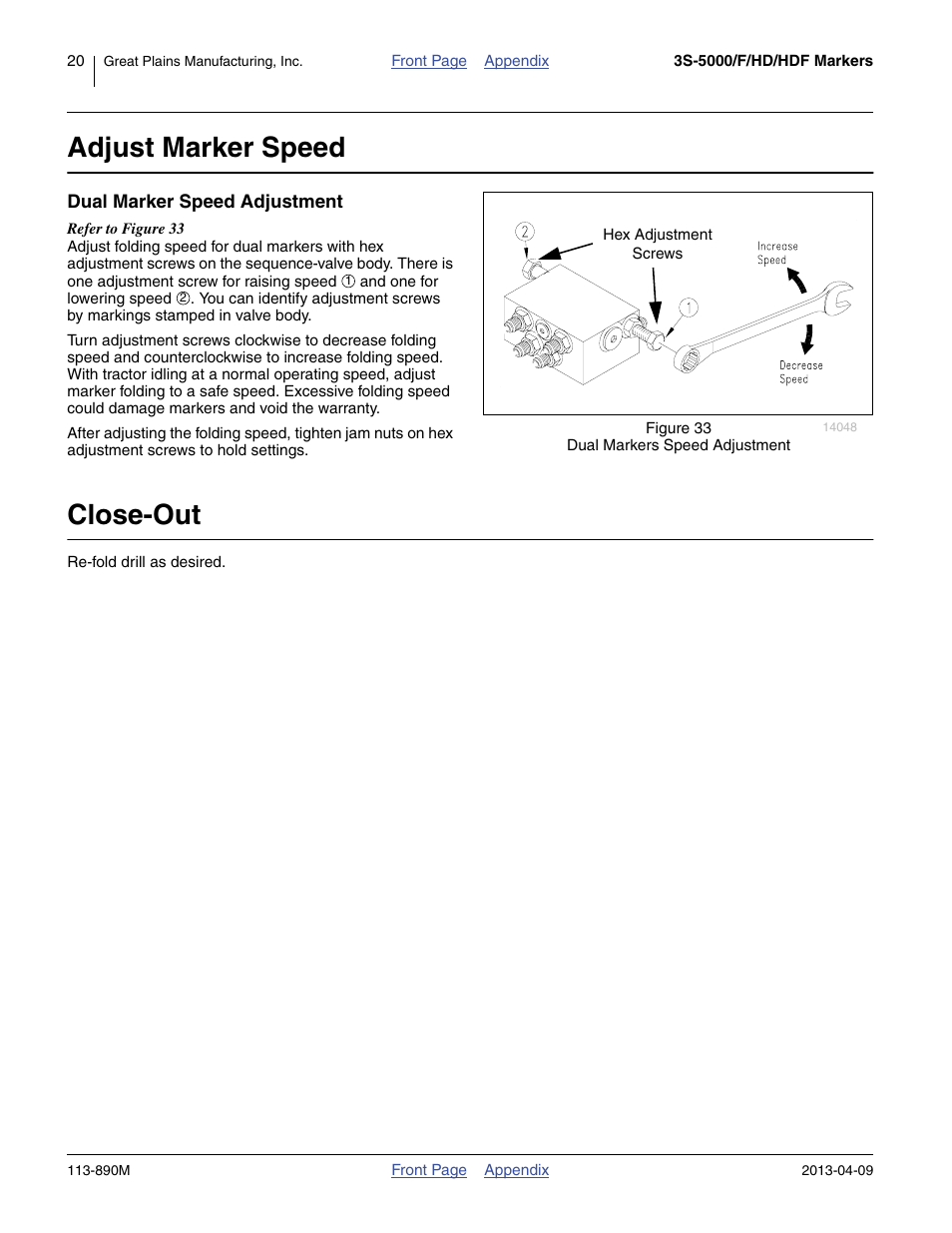 Adjust marker speed, Dual marker speed adjustment, Close-out | Great Plains 3S-5000HDF Assembly Instructions User Manual | Page 20 / 24