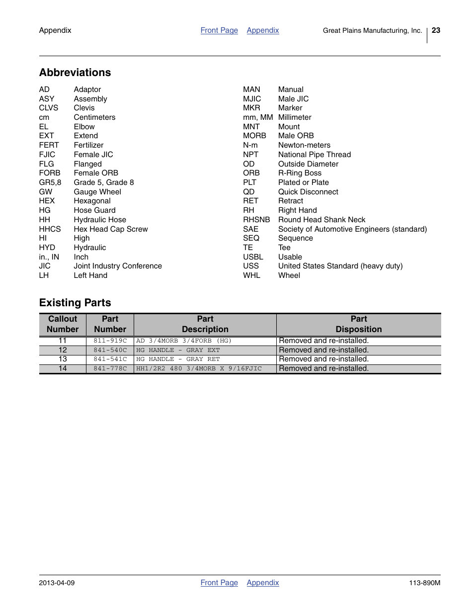 Abbreviations, Existing parts, 540c hg handle - gray ext | 541c hg handle - gray ret, 919c ad 3/4morb 3/4forb (hg), Attach, Abbreviations existing parts | Great Plains 3S-5000HDF Assembly Instructions User Manual | Page 23 / 24