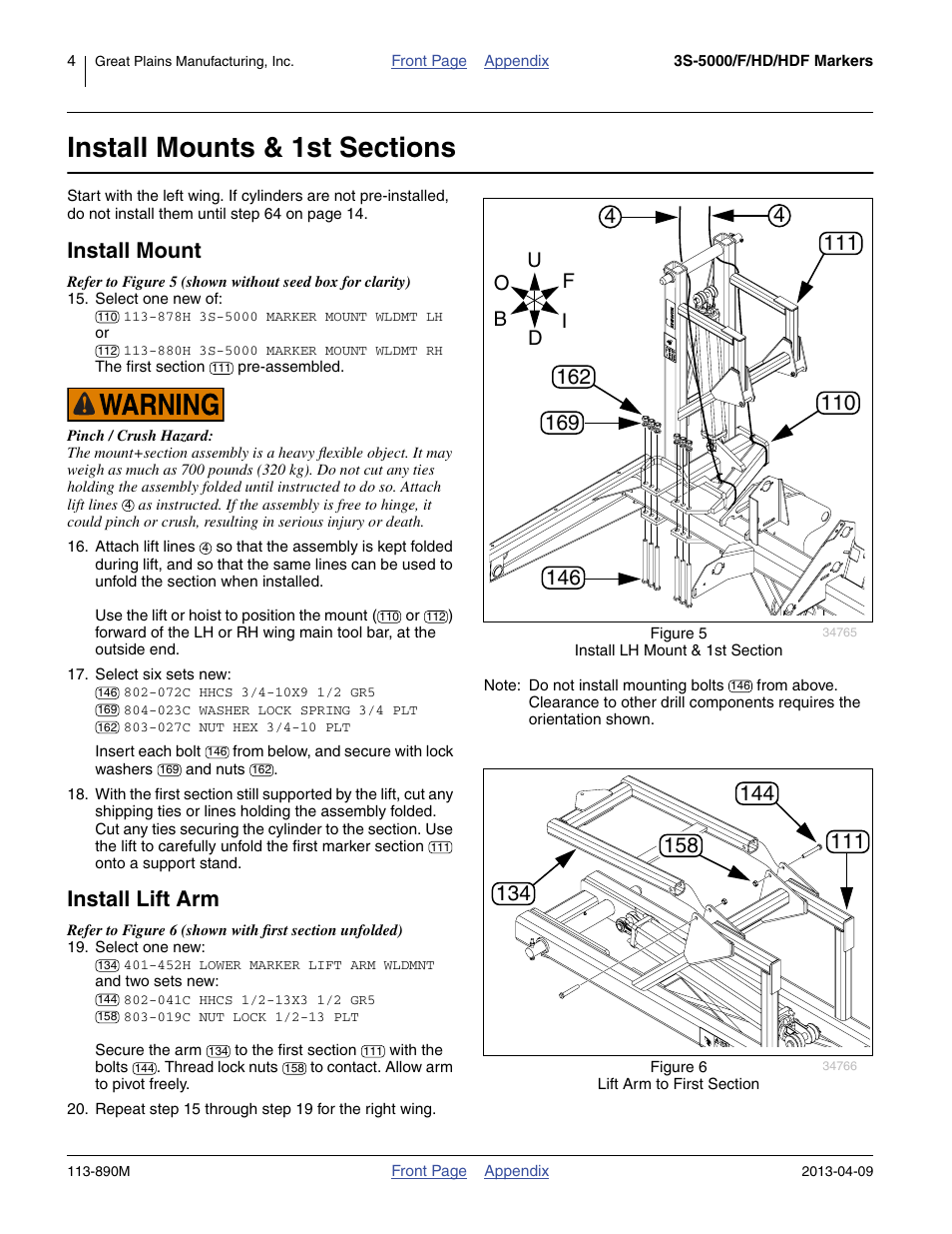 Install mounts & 1st sections, Install mount, Install lift arm | Great Plains 3S-5000HDF Assembly Instructions User Manual | Page 4 / 24