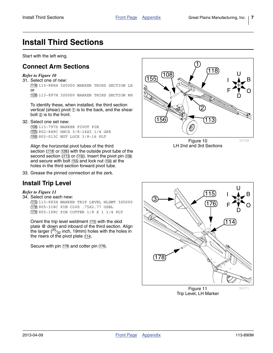 Install third sections, Connect arm sections, Install trip level | Great Plains 3S-5000HDF Assembly Instructions User Manual | Page 7 / 24