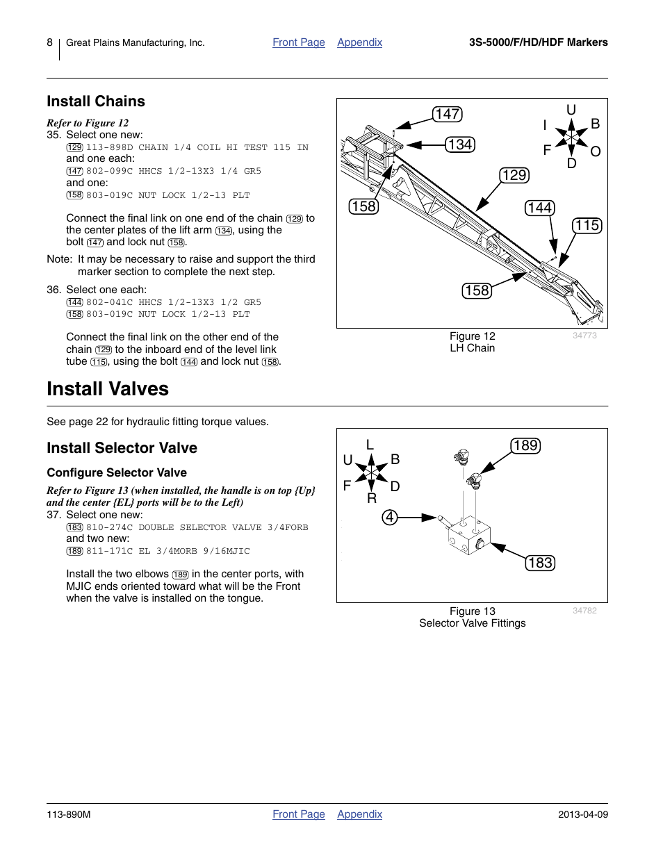 Install chains, Install valves, Install selector valve | Configure selector valve | Great Plains 3S-5000HDF Assembly Instructions User Manual | Page 8 / 24