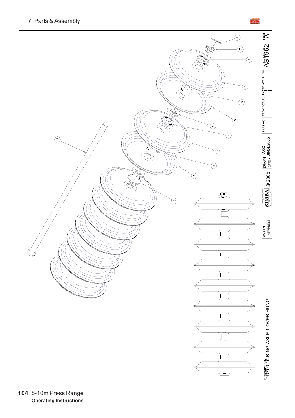 Aas1 95 2, 10m press range, 104 7. parts & assembly | Great Plains 8-10m Press Range SN 12653-12671 Parts Manual User Manual | Page 60 / 74