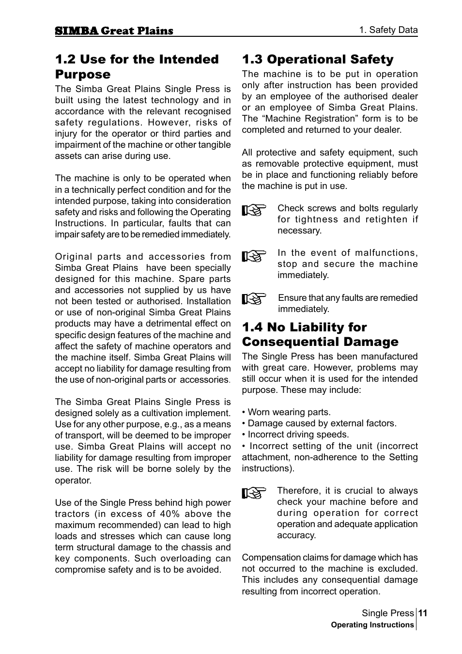 3 operational safety, 4 no liability for consequential damage, 2 use for the intended purpose | Great Plains P17400G Operator Manual User Manual | Page 11 / 164