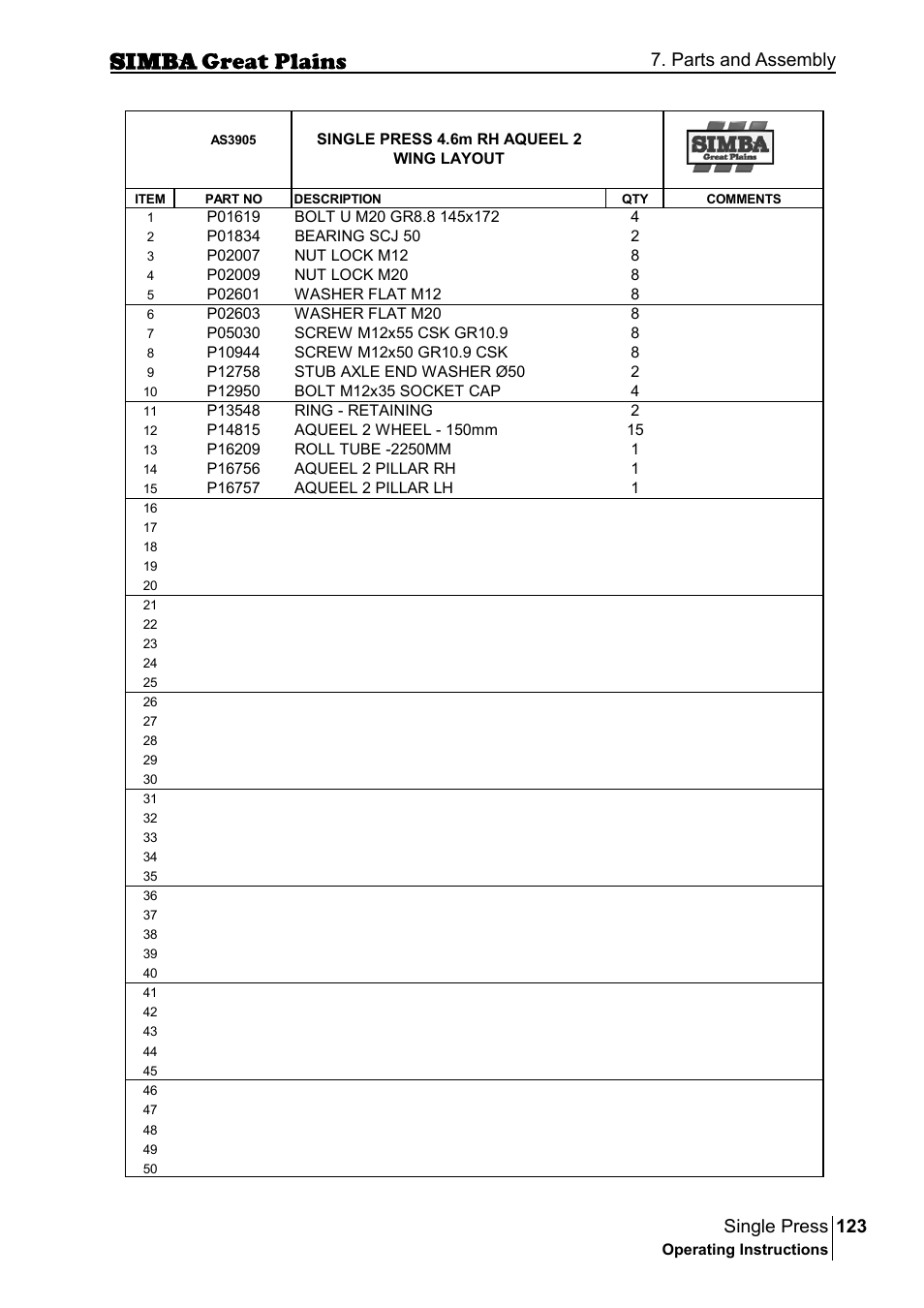 123 single press, Parts and assembly | Great Plains P17400G Operator Manual User Manual | Page 123 / 164
