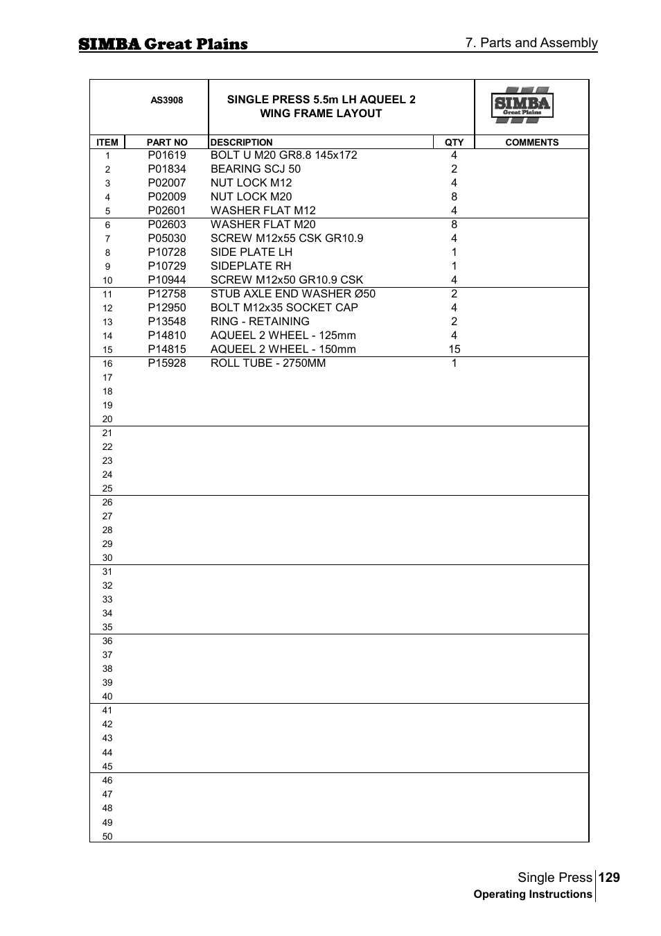 129 single press, Parts and assembly | Great Plains P17400G Operator Manual User Manual | Page 129 / 164
