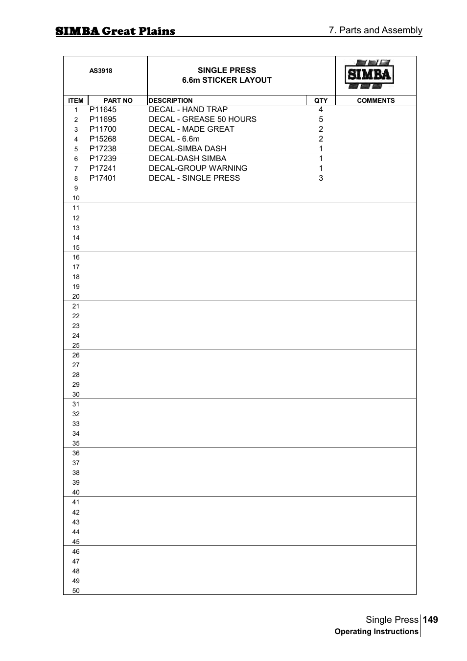 149 single press, Parts and assembly | Great Plains P17400G Operator Manual User Manual | Page 149 / 164