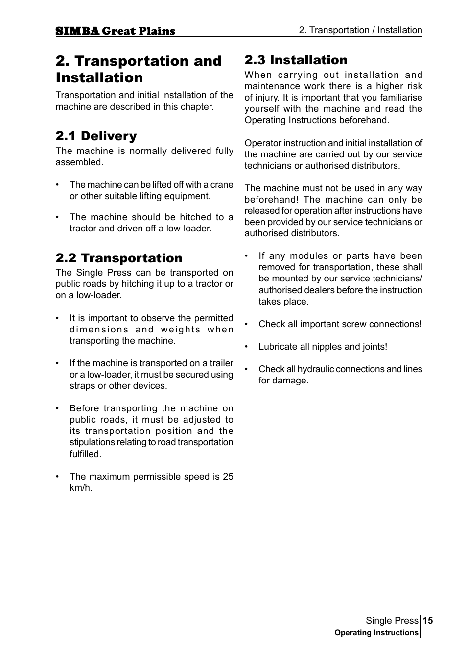 Transportation and installation, 1 delivery, 2 transportation | 3 installation | Great Plains P17400G Operator Manual User Manual | Page 15 / 164