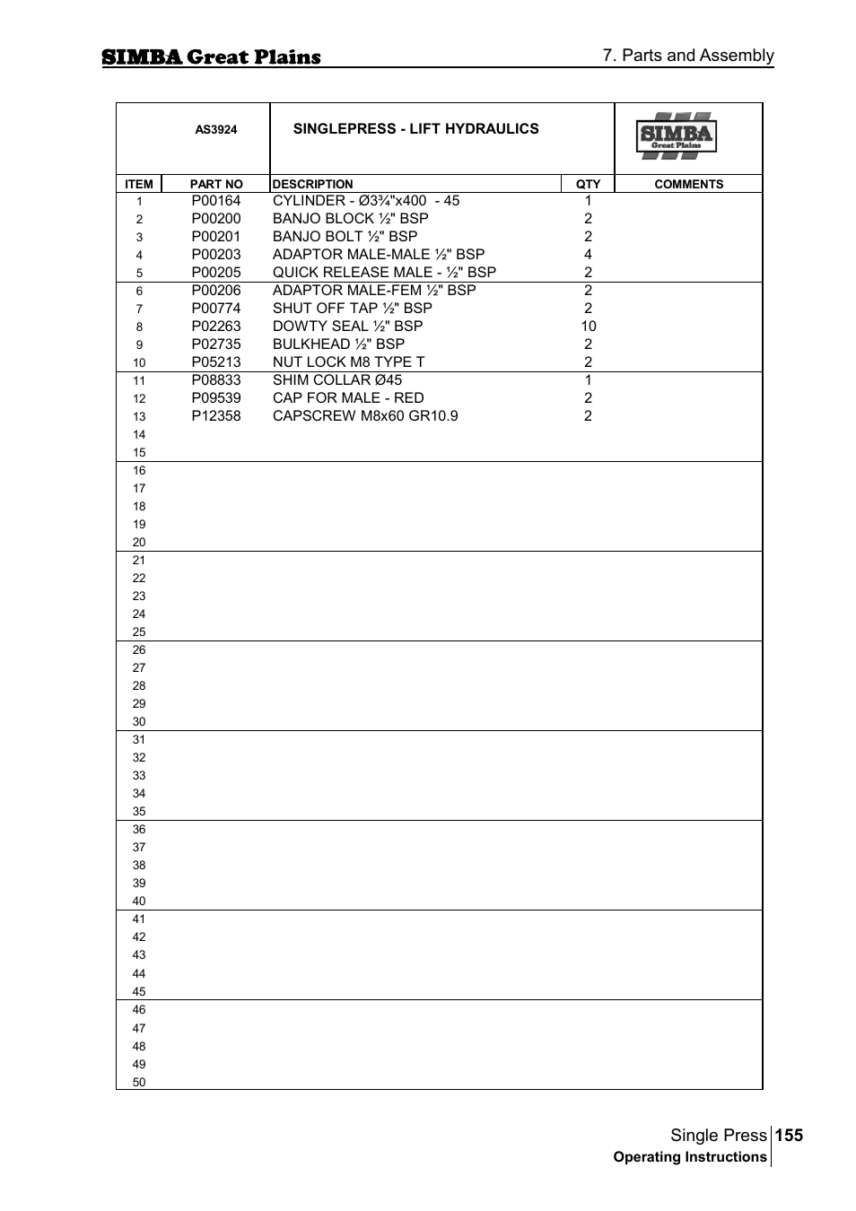 155 single press, Parts and assembly | Great Plains P17400G Operator Manual User Manual | Page 155 / 164