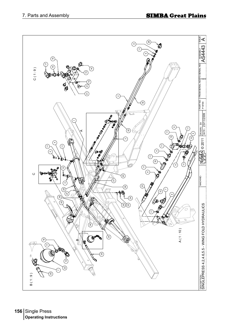 Single press, 156 7. parts and assembly, Aas 44 43 | Operating instructions, Si m b a | Great Plains P17400G Operator Manual User Manual | Page 156 / 164