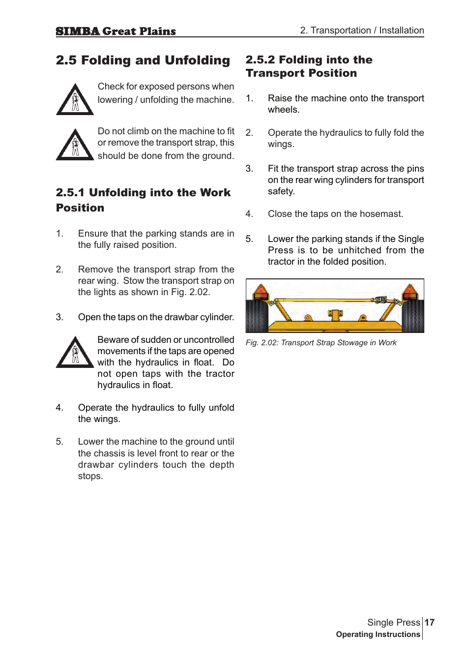 5 folding and unfolding, 1 unfolding into the work position, 2 folding into the transport position | Great Plains P17400G Operator Manual User Manual | Page 17 / 164