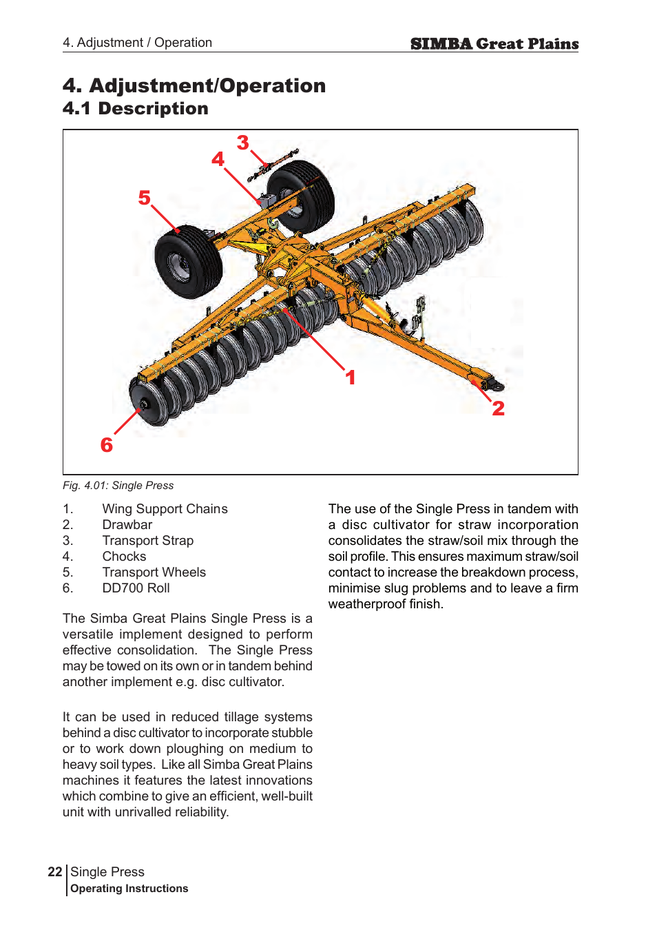 Adjustment/operation, 1 description | Great Plains P17400G Operator Manual User Manual | Page 22 / 164