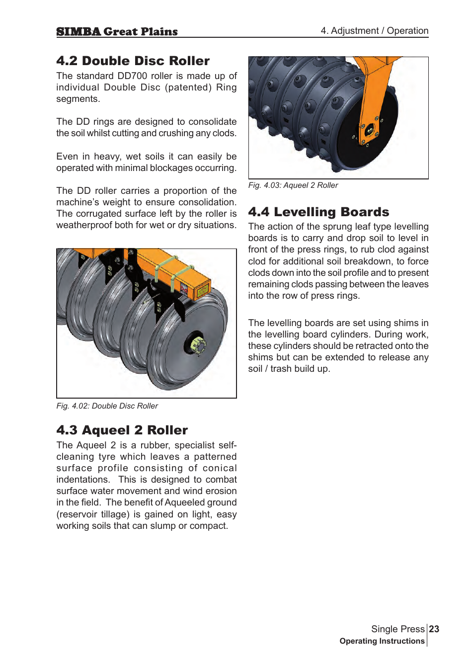 2 double disc roller, 3 work settings, 3 aqueel 2 roller | 4 levelling board, 5 work settings, 6 pitch control, 4 levelling boards | Great Plains P17400G Operator Manual User Manual | Page 23 / 164
