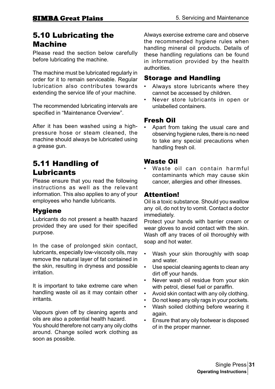 10 lubricating the machine, 11 handling of lubricants | Great Plains P17400G Operator Manual User Manual | Page 31 / 164