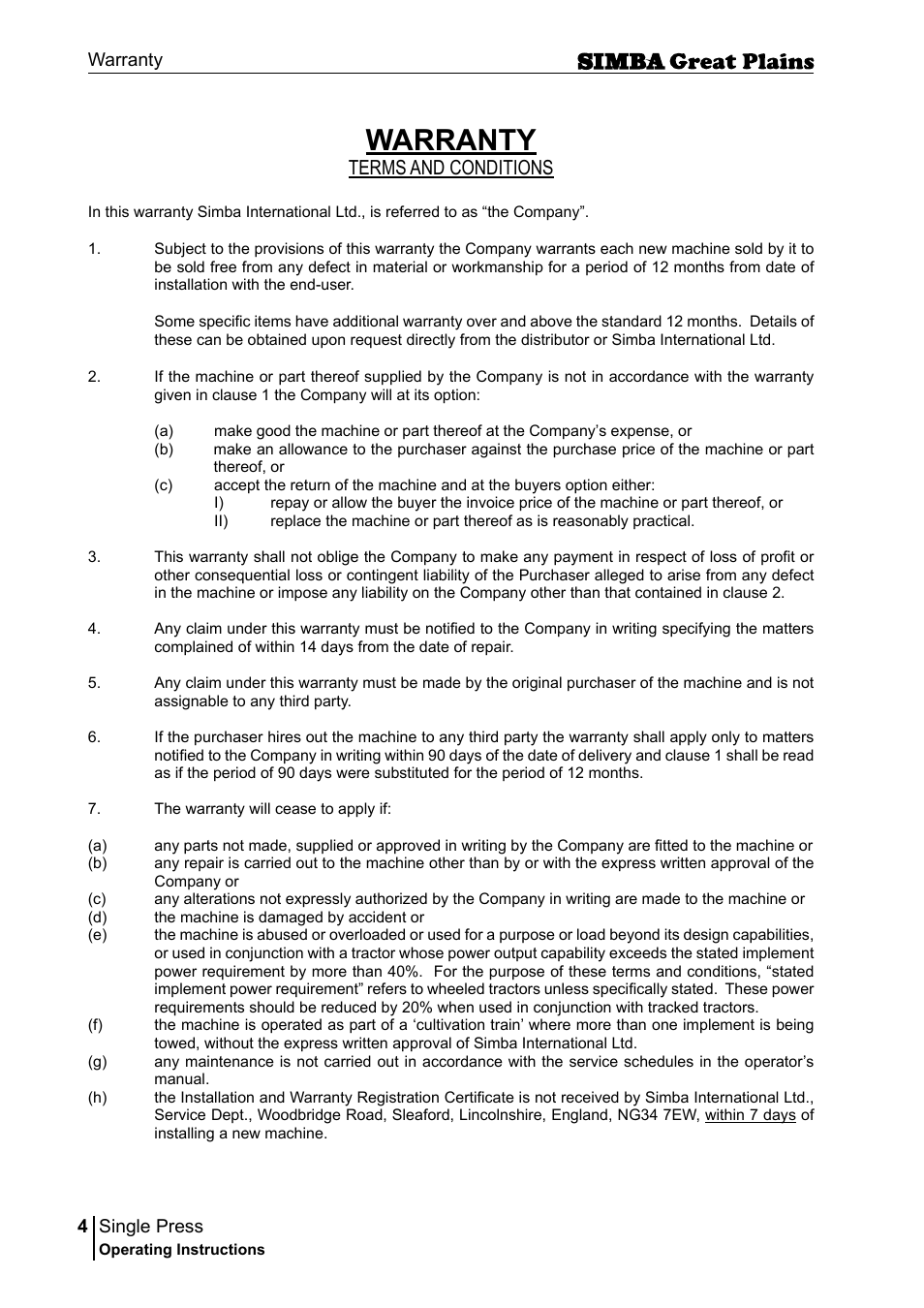 Warranty, Terms and conditions | Great Plains P17400G Operator Manual User Manual | Page 4 / 164
