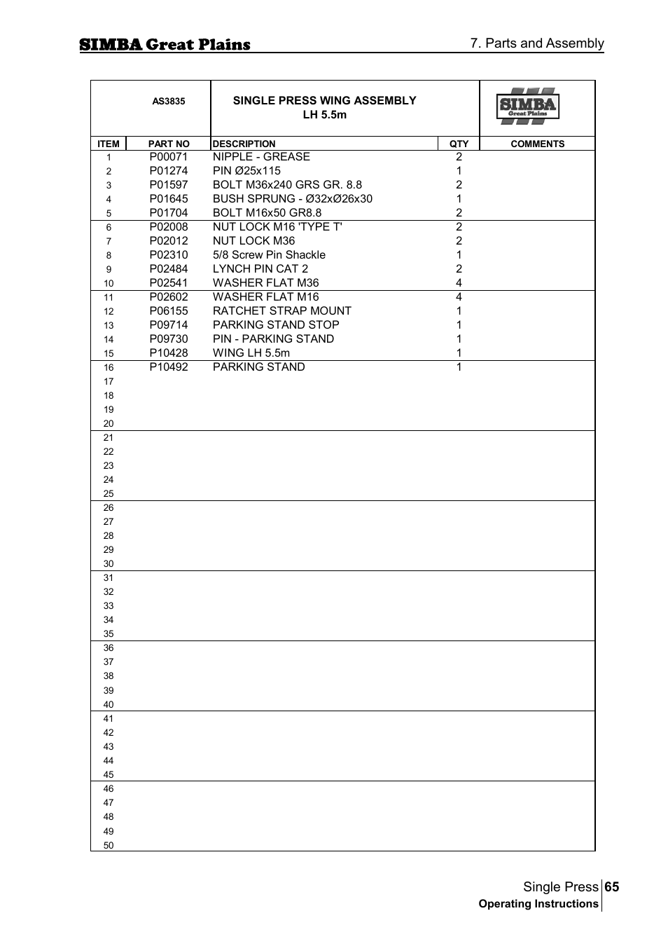 65 single press, Parts and assembly | Great Plains P17400G Operator Manual User Manual | Page 65 / 164