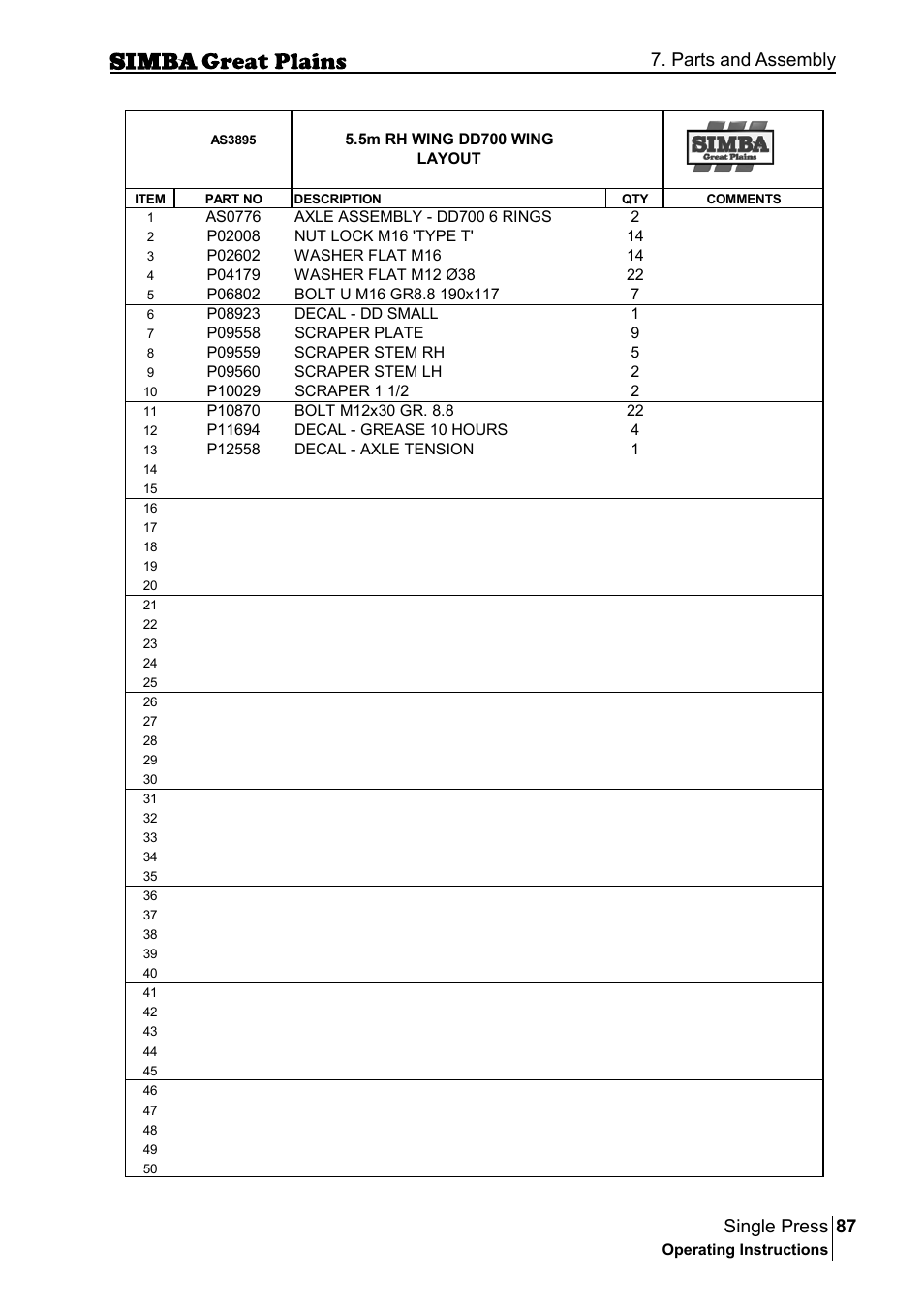 87 single press, Parts and assembly | Great Plains P17400G Operator Manual User Manual | Page 87 / 164