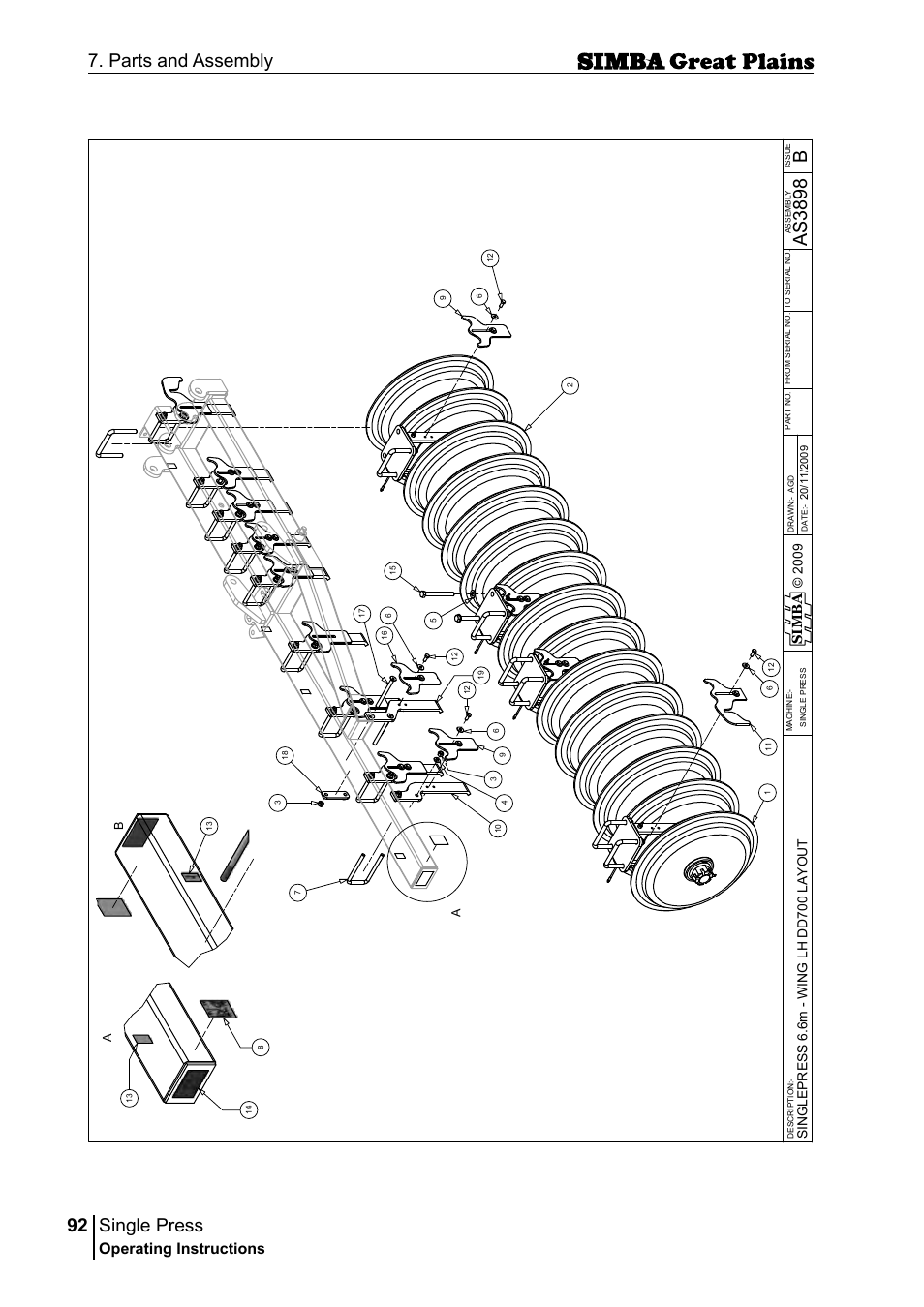 Single press, 92 7. parts and assembly, Bas 38 98 | Operating instructions, Si m b a | Great Plains P17400G Operator Manual User Manual | Page 92 / 164