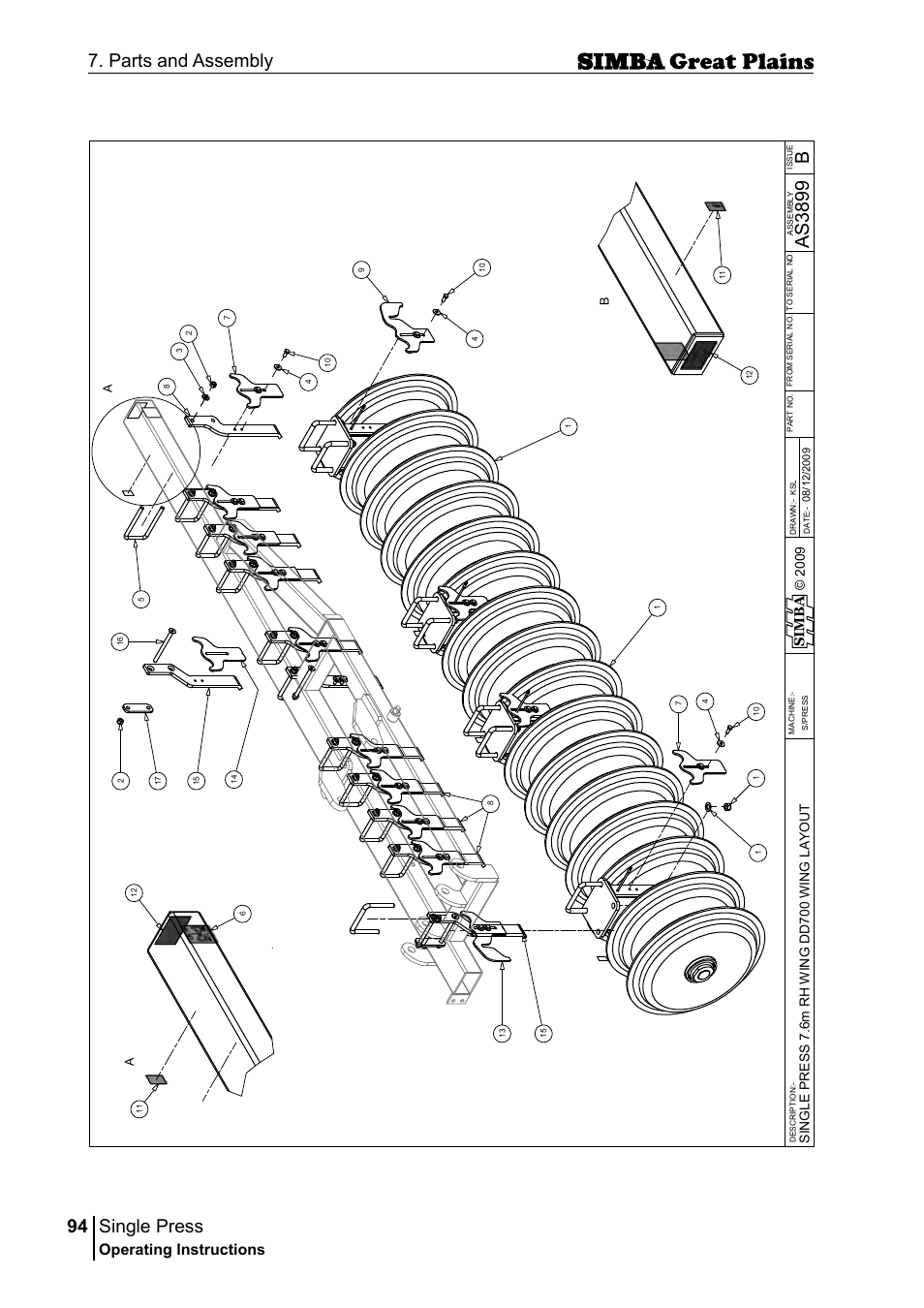 Single press, 94 7. parts and assembly, Bas 38 99 | Operating instructions, Si m b a | Great Plains P17400G Operator Manual User Manual | Page 94 / 164