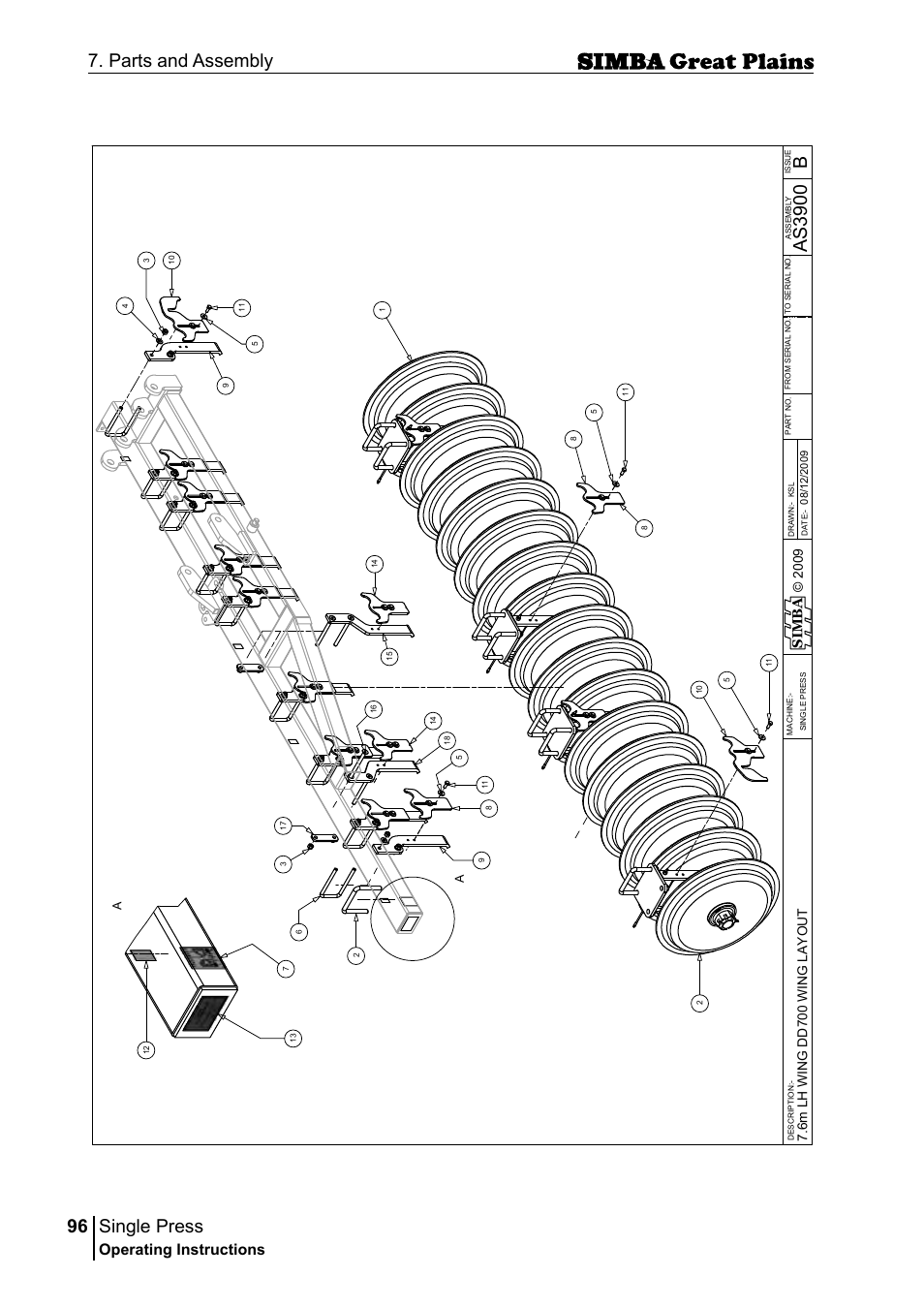 Single press, 96 7. parts and assembly, Bas 39 00 | Operating instructions, Si m b a | Great Plains P17400G Operator Manual User Manual | Page 96 / 164