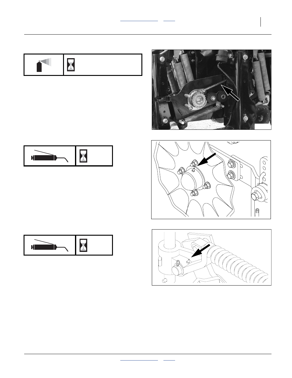 Meter drive chains, Frame-mounted coulter (optional) hub, Frame-mounted coulter (optional) pivot | As required | Great Plains YP4025F-1670 Operator Manual User Manual | Page 125 / 196
