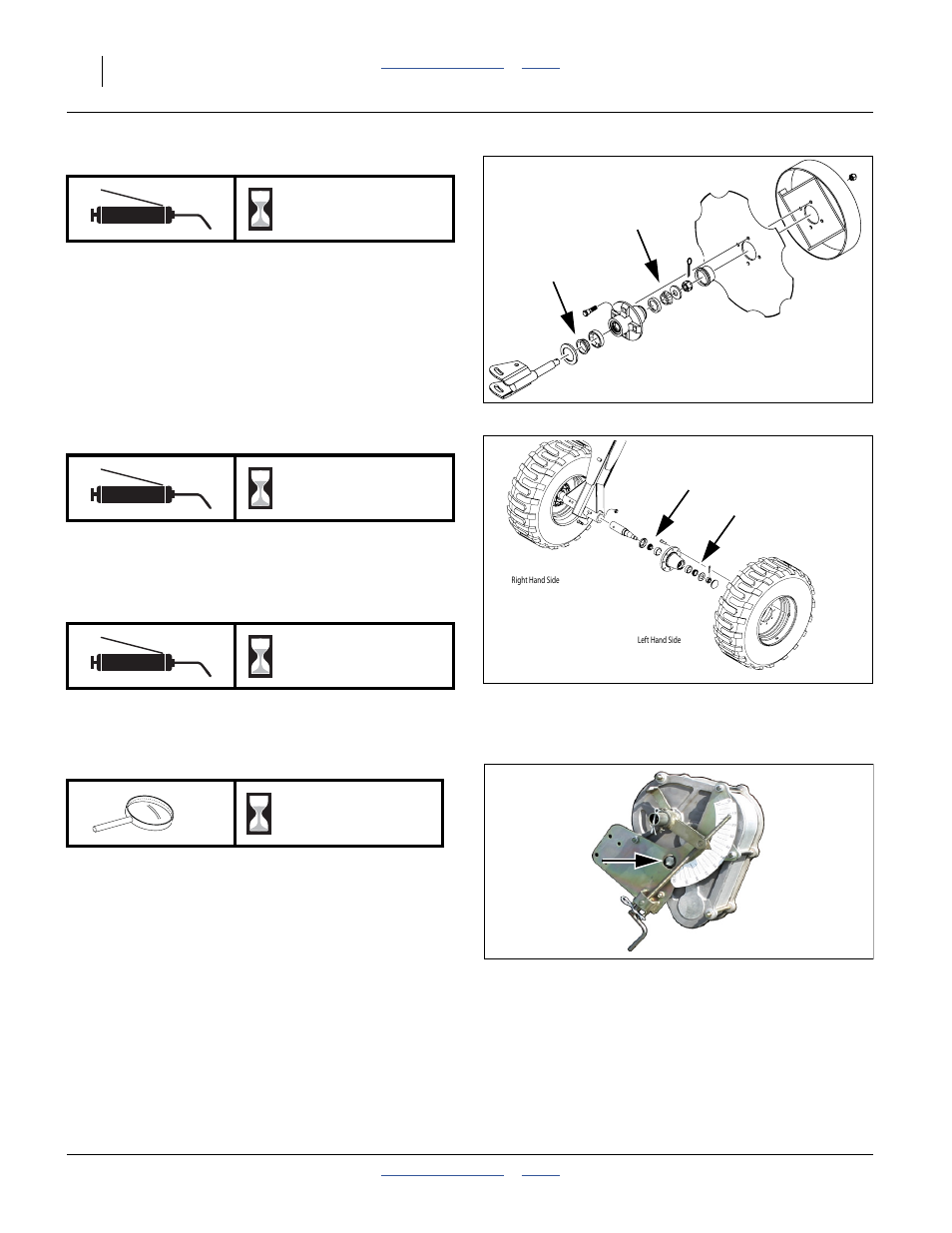 Markers: disk hub, Transport wheels: wheel hubs, Gauge wheel bearings | Gearbox oil, Seasonal | Great Plains YP4025F-1670 Operator Manual User Manual | Page 128 / 196
