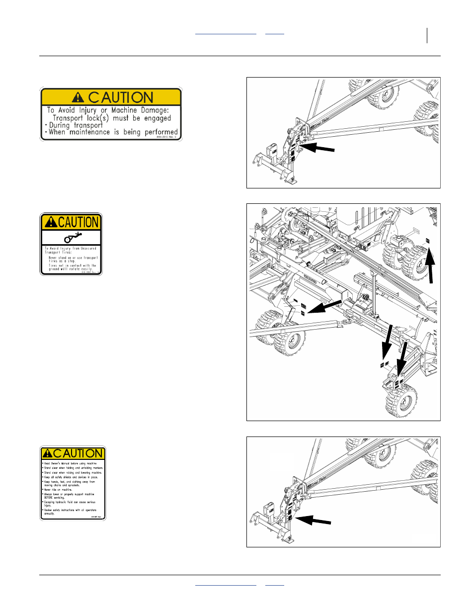 351c caution: transport locks, 398c caution: tires not a step, 587c caution: read operator’s manual | Great Plains YP4025F-1670 Operator Manual User Manual | Page 15 / 196