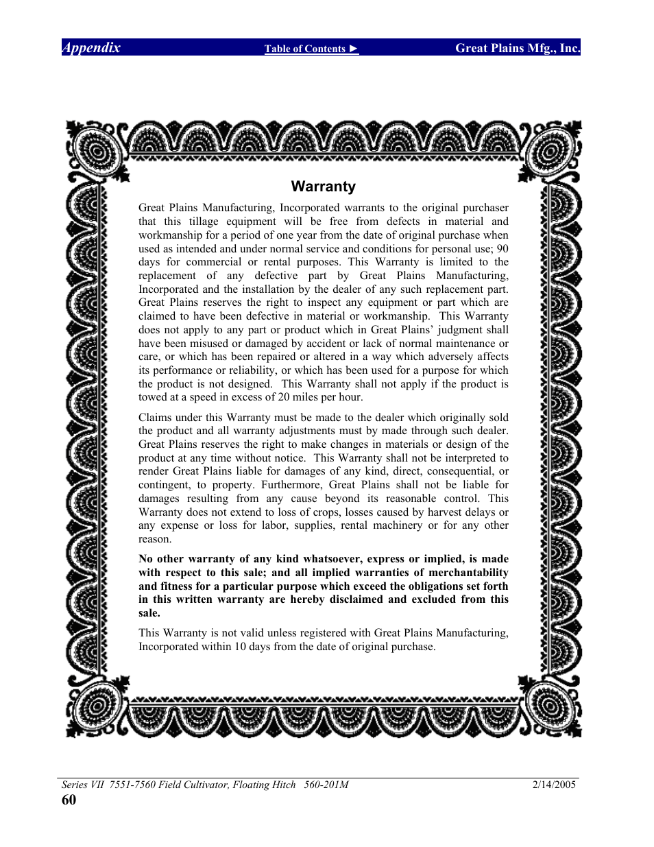 Warranty | Great Plains 7560 Series VII Field Cultivator-Floating Hitch Operator Manual User Manual | Page 62 / 62