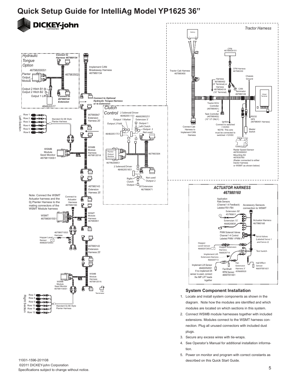 System component installation, Clutch control, Tractor harness | Hydraulic tongue option | Great Plains YP1625-1236 12 Row 36 Inch Quick Start User Manual | Page 5 / 5