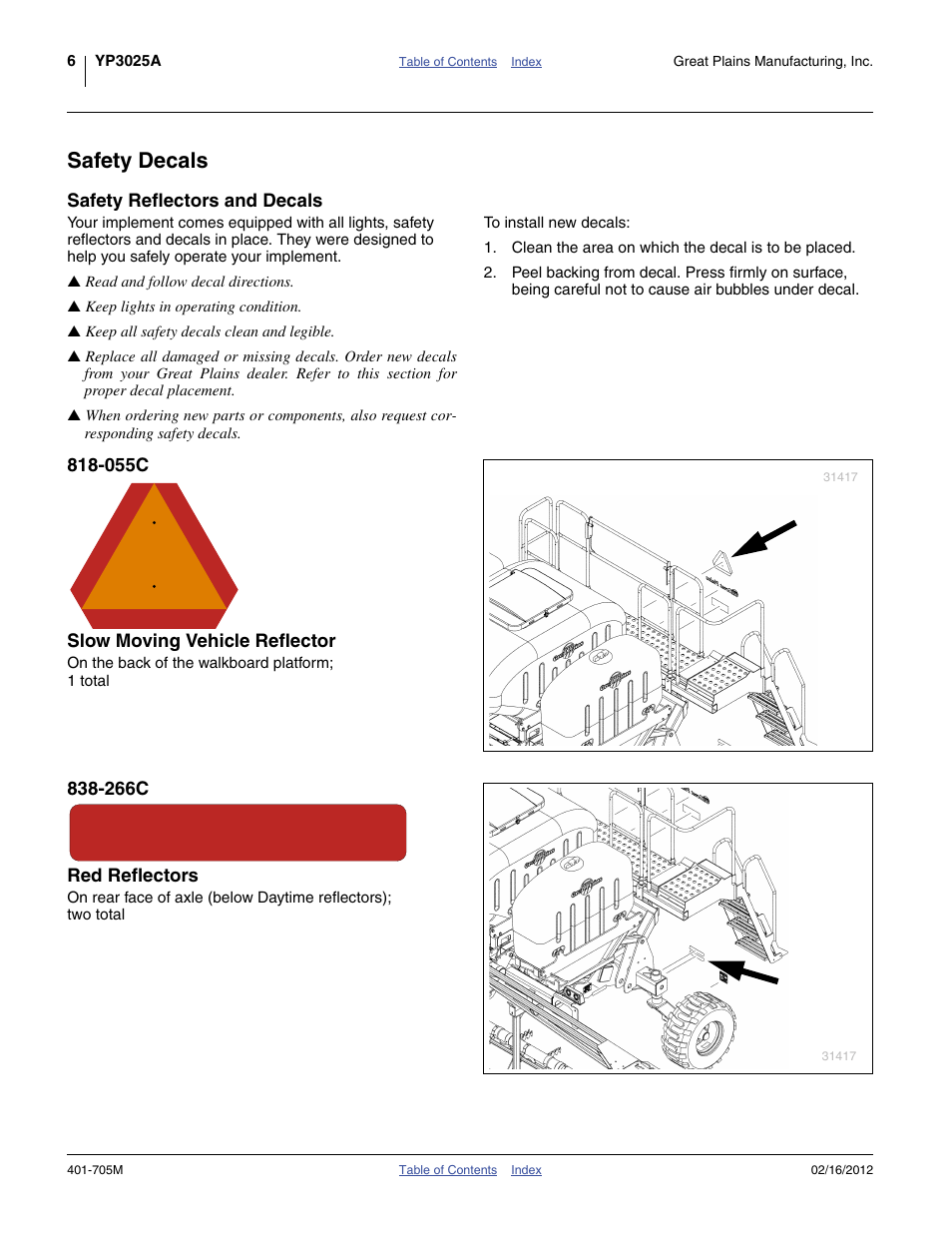 Safety decals, Safety reflectors and decals, 055c slow moving vehicle reflector | 266c red reflectors | Great Plains YP3025A Operator Manual User Manual | Page 10 / 190