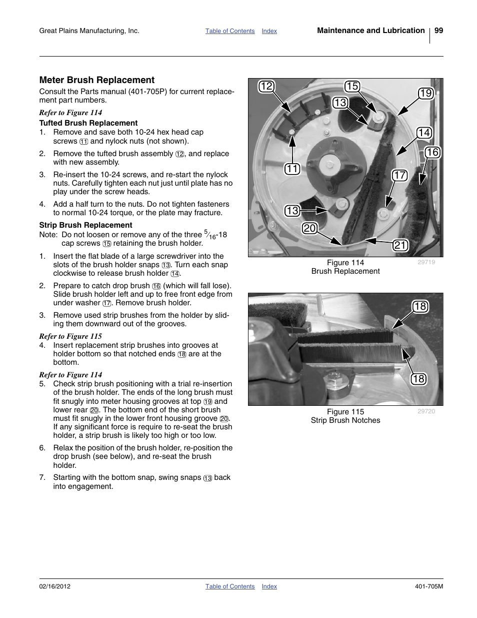 Meter brush replacement, Tufted brush replacement, Strip brush replacement | Great Plains YP3025A Operator Manual User Manual | Page 103 / 190