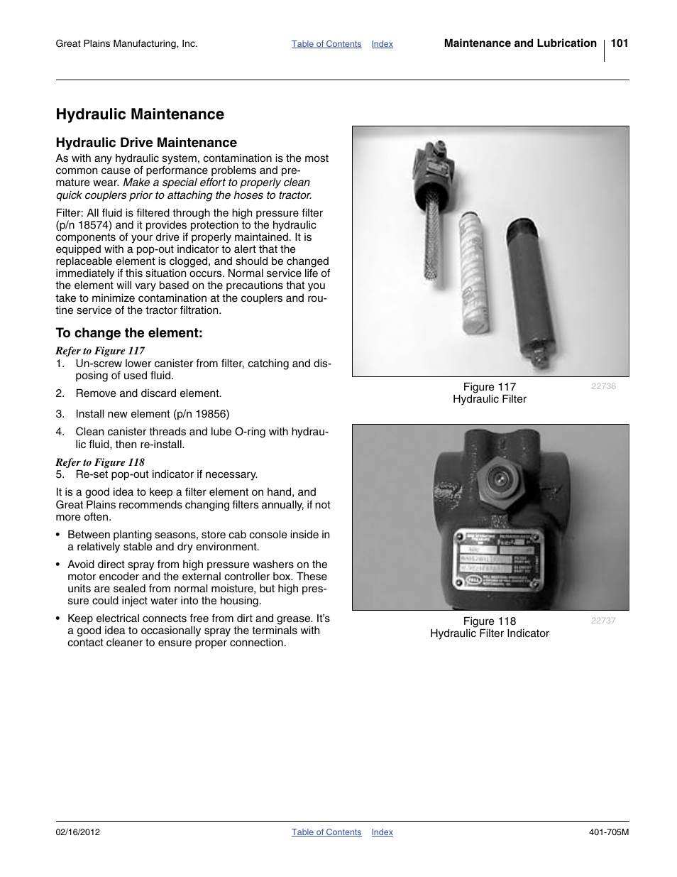 Hydraulic maintenance, Hydraulic drive maintenance, To change the element | Great Plains YP3025A Operator Manual User Manual | Page 105 / 190