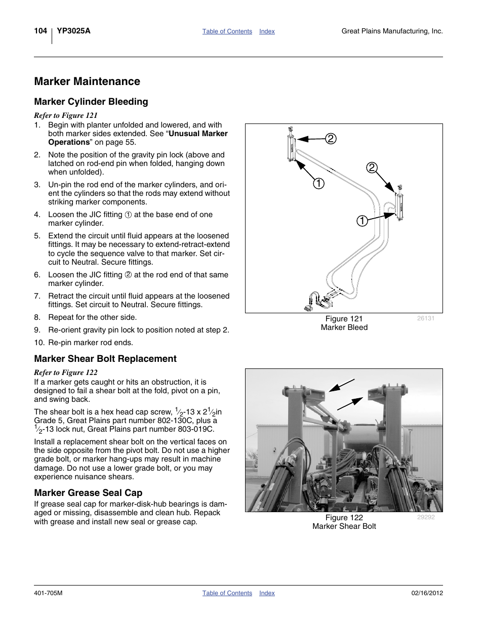 Marker maintenance, Marker cylinder bleeding, Marker shear bolt replacement | Marker grease seal cap | Great Plains YP3025A Operator Manual User Manual | Page 108 / 190