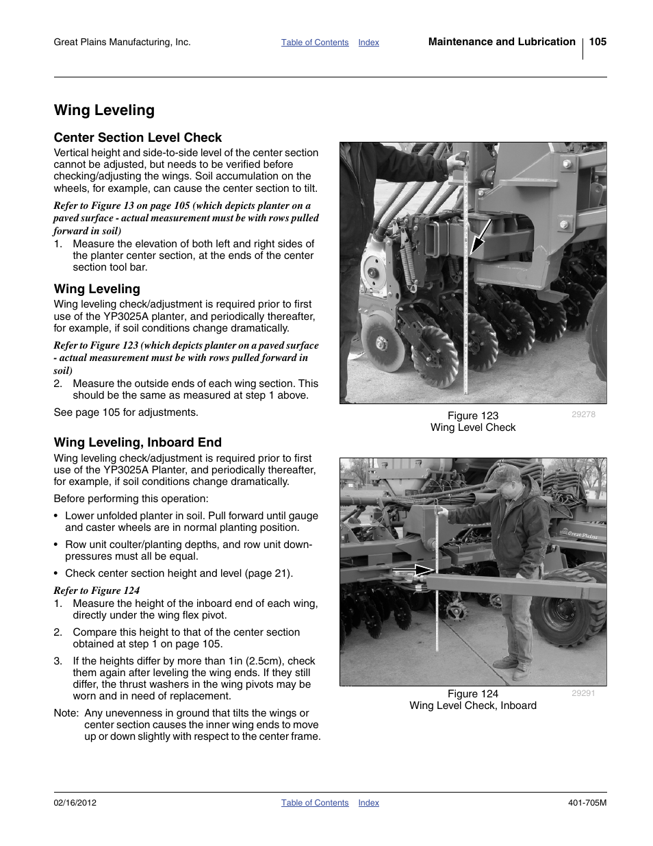 Wing leveling, Center section level check, Wing leveling, inboard end | Great Plains YP3025A Operator Manual User Manual | Page 109 / 190