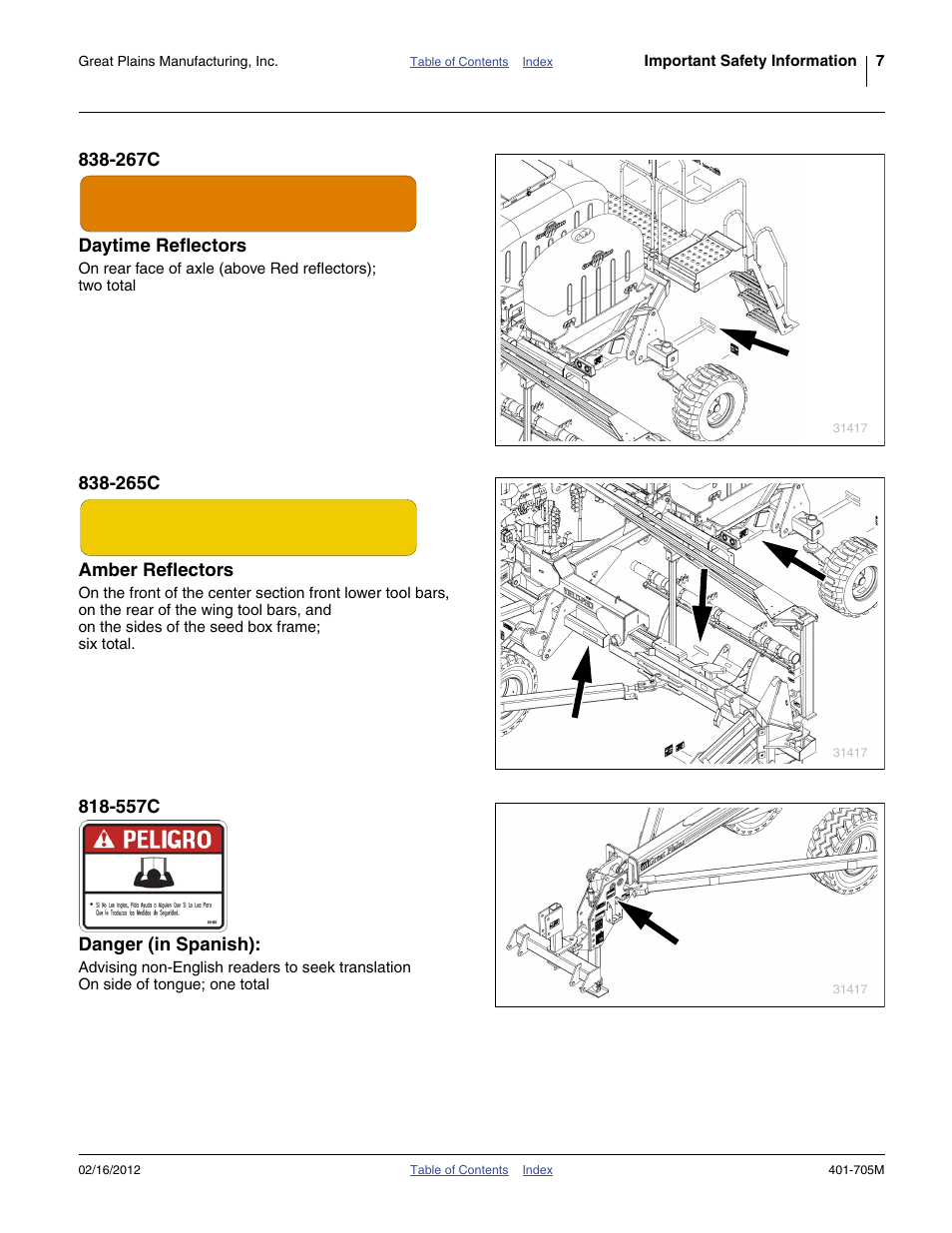 267c daytime reflectors, 265c amber reflectors, 557c danger (in spanish) | Great Plains YP3025A Operator Manual User Manual | Page 11 / 190