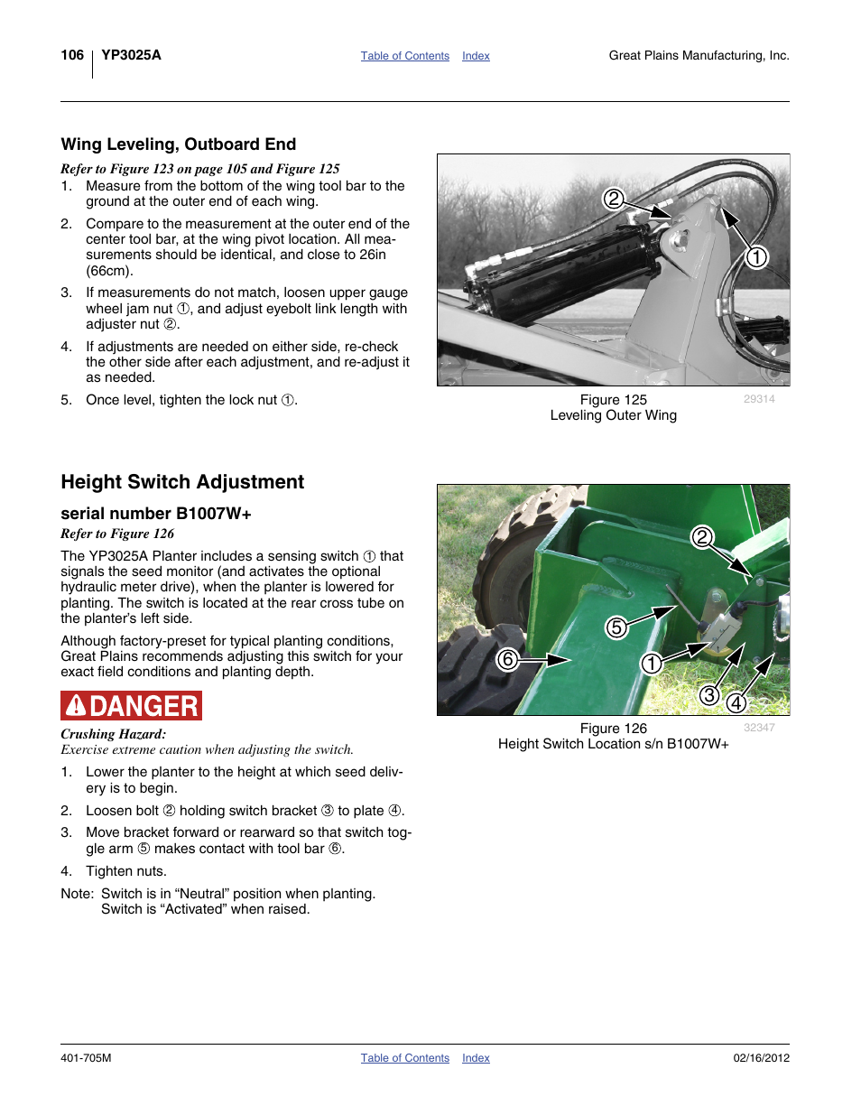 Wing leveling, outboard end, Height switch adjustment, Serial number b1007w | Great Plains YP3025A Operator Manual User Manual | Page 110 / 190