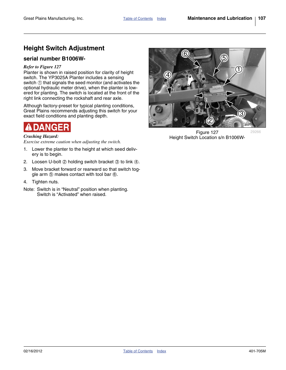 Height switch adjustment, Serial number b1006w, That | Holding s, To plate | Great Plains YP3025A Operator Manual User Manual | Page 111 / 190