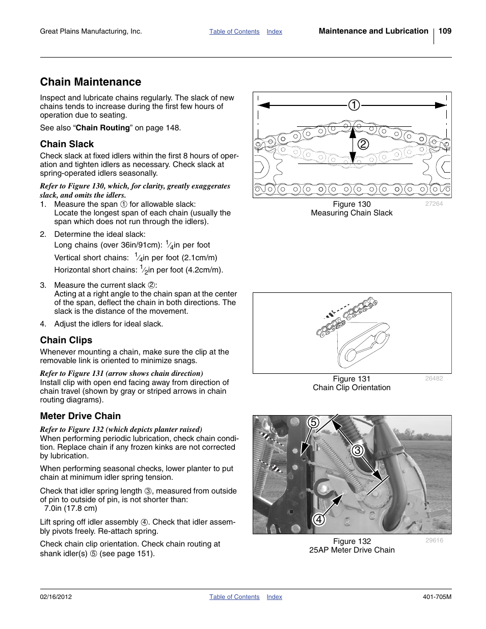 Chain maintenance, Chain slack, Chain clips | Meter drive chain | Great Plains YP3025A Operator Manual User Manual | Page 113 / 190