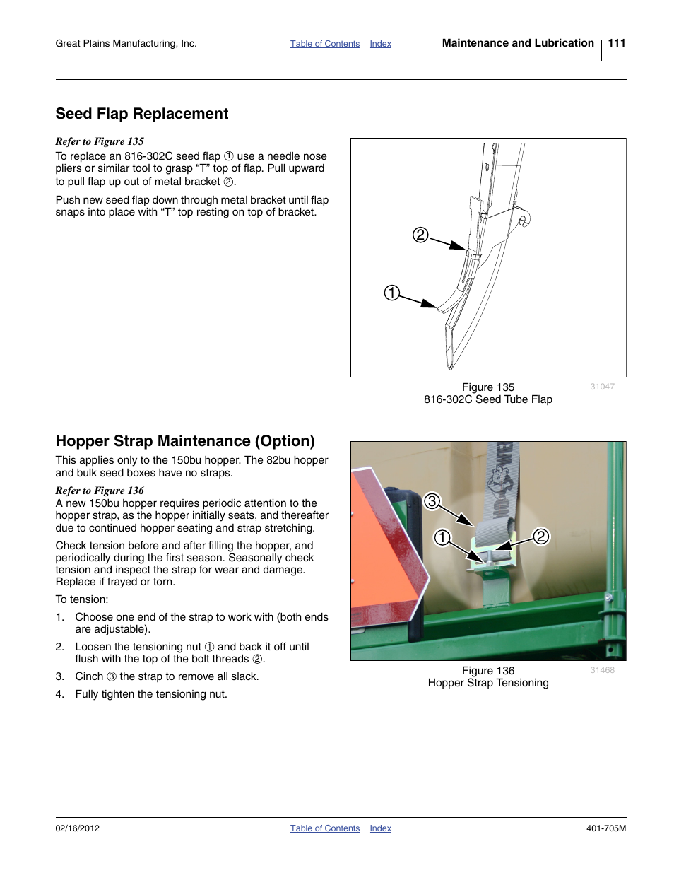 Seed flap replacement, Hopper strap maintenance (option) | Great Plains YP3025A Operator Manual User Manual | Page 115 / 190