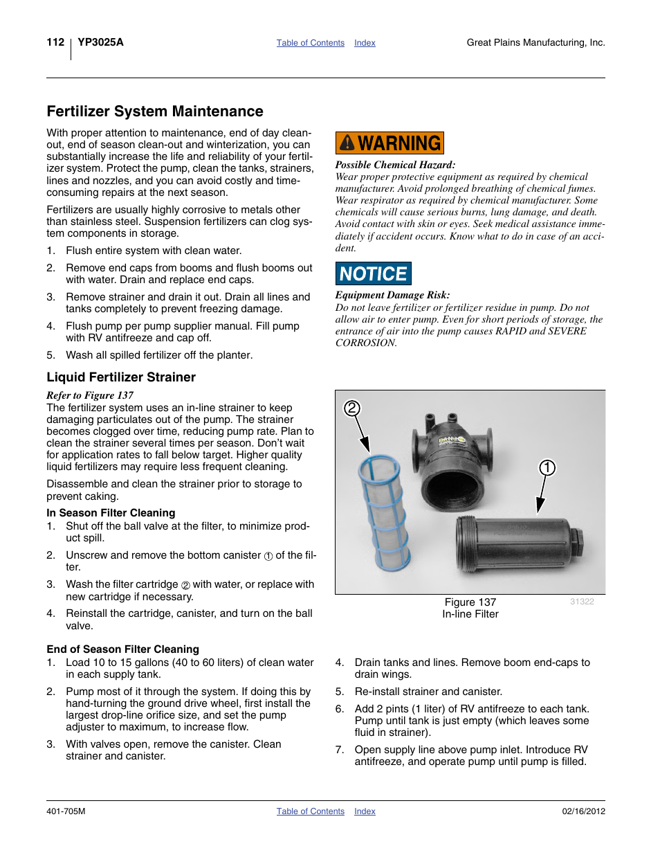 Fertilizer system maintenance, Liquid fertilizer strainer, In season filter cleaning | End of season filter cleaning | Great Plains YP3025A Operator Manual User Manual | Page 116 / 190