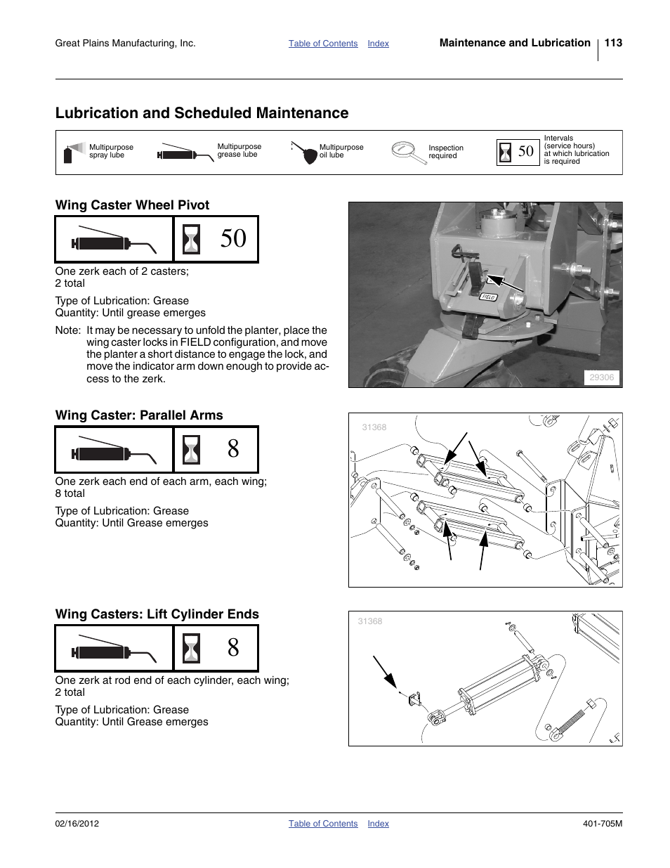 Lubrication and scheduled maintenance, Wing caster wheel pivot, Wing caster: parallel arms | Wing casters: lift cylinder ends, Icate planter as indicated under “ lubrication | Great Plains YP3025A Operator Manual User Manual | Page 117 / 190